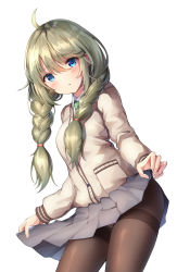 Rule 34 | 1girl, absurdres, black pantyhose, blonde hair, blue eyes, blush, clothes lift, green hair, hair tie, highres, long hair, long sleeves, looking at viewer, panties, panties under pantyhose, pantyhose, princess connect!, school uniform, simple background, skirt, skirt lift, sob (submar1089), solo, standing, twintails, underwear, yuni (princess connect!), yuni (real) (princess connect!)