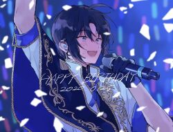 Rule 34 | 1boy, :d, arm up, black gloves, black hair, black shirt, blue capelet, blue ribbon, blush, capelet, confetti, dated, earpiece, gloves, glowstick, grey eyes, hand up, happy, happy birthday, highres, holding, holding microphone, idol, idol clothes, idolish7, izumi iori, jacket, kisharin, looking ahead, male focus, microphone, neck ribbon, open mouth, parted bangs, ribbon, shirt, short hair, side cape, smile, solo, sweat, upper body, waving, white jacket