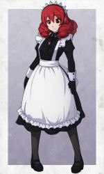 Rule 34 | 1girl, android, apron, black gloves, black pantyhose, chuunioniika, drill hair, drill kill, fearless night, frills, full body, gloves, hair between eyes, highres, long hair, maid, maid apron, maid headdress, mary janes, original, pantyhose, quad drills, red eyes, red hair, shoes, solo, symbol-shaped pupils, wrist cuffs