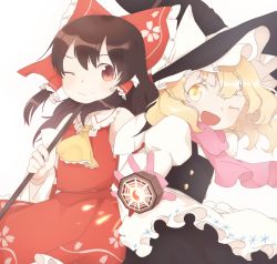 Rule 34 | &gt;;d, 2girls, ;), ;d, abukawa honpo, ascot, back-to-back, bare shoulders, blonde hair, blush, bow, brown hair, detached sleeves, frilled ascot, frills, gloves, gohei, hair bow, hair tubes, hakurei reimu, hat, hidden star in four seasons, highres, juliet sleeves, kirisame marisa, large bow, long hair, long skirt, long sleeves, looking at viewer, mini-hakkero, multiple girls, one eye closed, open mouth, pink gloves, pink scarf, puffy sleeves, red eyes, sarashi, scarf, short hair, side-by-side, skirt, skirt set, smile, touhou, v-shaped eyebrows, vest, witch hat, yellow eyes