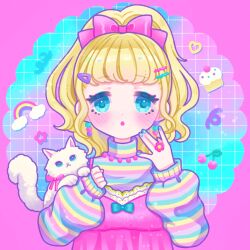 Rule 34 | 1girl, absurdres, blonde hair, blue eyes, blue nails, blue sweater, bow, cat, commission, grid background, hair bow, hair ornament, hairclip, heart, high ponytail, highres, long hair, multicolored clothes, multicolored sweater, open mouth, original, pink bow, pink sweater, pinkmm, skeb commission, solo, striped clothes, striped sweater, sweater, white cat, yellow sweater