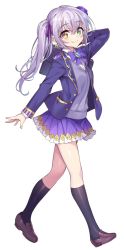 Rule 34 | 1girl, bag, black legwear, blazer, bow, bowtie, commentary request, earrings, full body, green eyes, heterochromia, highres, holding, jacket, jewelry, long hair, long sleeves, looking at viewer, pleated skirt, pointy ears, purple hair, school bag, senri gan, shoes, simple background, skirt, smile, solo, twintails, white background, yellow eyes