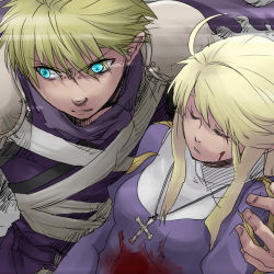 Rule 34 | 1boy, 1girl, armor, assassin (ragnarok online), bandages, blonde hair, blood, blood on clothes, blue eyes, closed eyes, commentary request, cross, cross necklace, dress, eyes visible through hair, hair between eyes, injury, jewelry, juliet sleeves, long hair, long sleeves, looking to the side, necklace, open mouth, pants, pauldrons, priest (ragnarok online), puffy sleeves, purple dress, purple pants, purple shirt, ragnarok online, sezaki takumi, shirt, short hair, shoulder armor, sidelocks, upper body