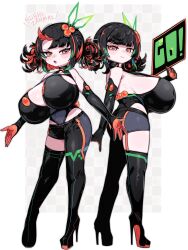 2girls black_hair breasts colored_inner_hair food high_heels highres huge_breasts mato_tsuyoi multicolored_hair multiple_girls orange_eyes original red_hair short_hair short_shorts shorts simple_background single_thighhigh streaked_hair sushi thighhighs two-tone_hair white_background