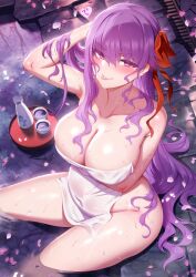 Rule 34 | 1girl, alcohol, arms under breasts, bare shoulders, bb (fate), bb (fate/extra), blush, bottle, breasts, cleavage, collarbone, covered navel, fate/extra, fate/extra ccc, fate/grand order, fate (series), groin, hair ribbon, large breasts, licking lips, long hair, looking at viewer, m-da s-tarou, naked towel, nude, pregnant, purple eyes, purple hair, red ribbon, ribbon, sake, sake bottle, sitting, smile, soaking feet, solo, thighs, tongue, tongue out, towel, water, wet