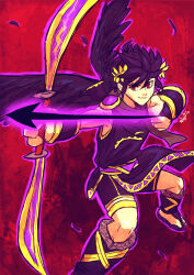 1boy aiming angel angel_wings arrow_(projectile) black_hair bow_(weapon) dark_pit holding holding_bow_(weapon) holding_weapon kid_icarus kid_icarus_uprising laurel_crown male_focus nintendo outline purple_outline red_background red_eyes signature silver_bow_(kid_icarus) solo weapon wings xelgot