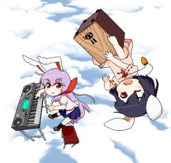 Rule 34 | 2girls, animal ears, barefoot, black hair, black socks, bloomers, blue skirt, blue sky, blush, box, brown footwear, carrot necklace, chibi, cloud, commentary request, donation box, dress, floppy ears, flying, full body, inaba tewi, instrument, jewelry, keyboard (instrument), loafers, looking at viewer, multiple girls, necklace, necktie, open mouth, pink dress, pink shirt, purple hair, rabbit ears, rabbit girl, rabbit tail, red eyes, red necktie, reisen udongein inaba, shirt, shoes, short hair, skirt, sky, socks, stool, tail, torque, touhou, underwear, upside-down, white bloomers