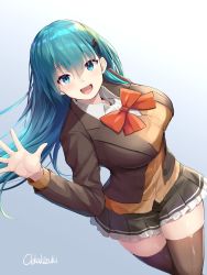Rule 34 | 1girl, aqua eyes, aqua hair, blue background, blush, bow, bowtie, breasts, brown jacket, brown skirt, brown thighhighs, frilled skirt, frills, gradient background, hair ornament, hairclip, highres, jacket, kantai collection, large breasts, long hair, looking at viewer, miniskirt, oekakizuki, open mouth, orange bow, orange bowtie, pleated skirt, remodel, shirt, skirt, smile, solo, standing, suzuya (kancolle), thighhighs, twisted torso, waving, white shirt