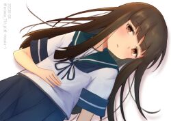 Rule 34 | 1girl, black hair, blue sailor collar, blue skirt, blunt bangs, brown eyes, commentary, dated, haruka faraway716, hatsuyuki (kancolle), highres, hime cut, kantai collection, long hair, one-hour drawing challenge, pleated skirt, sailor collar, school uniform, serafuku, shirt, simple background, skirt, solo, twitter username, white background, white shirt
