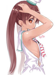 Rule 34 | 10s, 1girl, adjusting hair, armpits, arms up, bare shoulders, blush, breasts, brown eyes, brown hair, capriccio, dark-skinned female, dark skin, dress, fang, hair ribbon, hat, hibanar, highres, kantai collection, libeccio (kancolle), long hair, looking at viewer, mouth hold, profile, ribbon, ribs, sailor dress, sideboob, simple background, sleeveless, small breasts, solo, twintails, upper body, white background