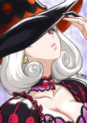 Rule 34 | 1girl, bow, breasts, cleavage, collarbone, commentary request, detached collar, earrings, eiwa, frills, hat, jewelry, juliet sleeves, long sleeves, looking at viewer, parted lips, pink lips, puffy short sleeves, puffy sleeves, purple eyes, queen&#039;s blade, queen&#039;s blade grimoire, ribbon, short sleeves, simple background, smile, snow white (queen&#039;s blade), solo, striped, vertical stripes, white background, white hair, witch hat