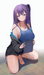 Rule 34 | 1girl, absurdres, barefoot, black jacket, blue eyes, blue one-piece swimsuit, breast rest, breasts, cleavage, clipboard, full body, grin, highres, holding, holding clipboard, jacket, large breasts, long hair, long sleeves, looking at viewer, off shoulder, one-piece swimsuit, open clothes, open jacket, original, purple hair, side ponytail, simple background, smile, swimsuit, tomura2maru