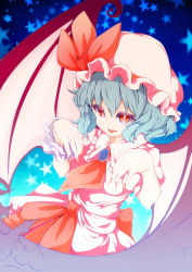 Rule 34 | 1girl, absurdres, baba (baba seimaijo), baba (pixiv3422465), bat wings, blue hair, bow, brooch, fangs, hat, hat bow, highres, jewelry, red eyes, remilia scarlet, solo, star (symbol), touhou, wings