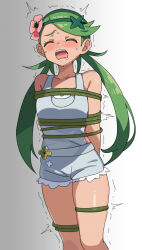 Rule 34 | 1girl, blush, closed eyes, collarbone, commentary request, creatures (company), eyelashes, flower, game freak, green hair, grey background, grey overalls, hair flower, hair ornament, highres, long hair, mallow (pokemon), nintendo, open mouth, overalls, pink flower, plant, pokemon, pokemon sm, purin (pepeperonn), raised eyebrows, restrained, solo, swept bangs, teeth, tongue, trembling, twintails, upper teeth only, vines