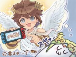 Rule 34 | 1boy, 1girl, :3, angel, angel wings, armband, blue background, blue eyes, brown hair, dreaming, feathered wings, forehead jewel, handheld game console, holding, holding handheld game console, kid icarus, kid icarus uprising, laurel crown, looking at viewer, nintendo, nintendo switch, open mouth, palutena, pit (kid icarus), smile, sparkle, suruga kanade, white wings, wings