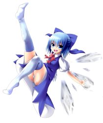 Rule 34 | 1girl, blue eyes, blue hair, bow, cirno, dress, dress shirt, hair bow, ice, ice wings, matching hair/eyes, open mouth, panties, ribbon, shirt, short hair, smile, solo, thighhighs, touhou, underwear, white panties, white thighhighs, wings, yuu sagi