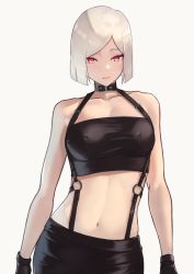 Rule 34 | 1girl, absurdres, bandeau, bare arms, black bandeau, black gloves, black skirt, bob cut, closed mouth, collar, collarbone, commentary request, cowboy shot, ena (hara kenshi), gloves, grey hair, hara kenshi, highres, linea alba, looking at viewer, midriff, navel, original, red eyes, short hair, simple background, skirt, solo, suspender skirt, suspenders, white background