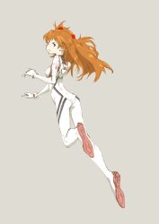Rule 34 | 1girl, artist request, ass, bodysuit, breasts, evangelion: 3.0+1.0 thrice upon a time, expressionless, floating hair, full body, grey background, highres, interface headset, long hair, looking at viewer, looking back, neon genesis evangelion, pilot suit, plugsuit, rebuild of evangelion, red background, shiny clothes, solo, souryuu asuka langley, tsundere, very long hair, white bodysuit, wide hips