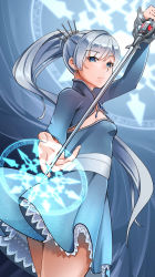 Rule 34 | 1girl, absurdres, blue dress, blue eyes, breasts, closed mouth, cowboy shot, dress, earrings, floating hair, gradient dress, highres, holding, holding sword, holding weapon, jewelry, joeychen, long hair, long sleeves, looking at viewer, magic circle, myrtenaster, ponytail, rapier, rwby, scar, scar across eye, scar on face, short dress, shrug (clothing), sideboob, silver hair, sleeveless, sleeveless dress, small breasts, solo, standing, strapless, strapless dress, sword, very long hair, weapon, weiss schnee