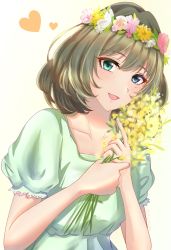 Rule 34 | 1girl, :d, bag, blue eyes, bouquet, collarbone, dress, flower, green dress, green eyes, green hair, hair between eyes, heterochromia, highres, holding, holding bouquet, idolmaster, idolmaster cinderella girls, looking at viewer, medium hair, mole, mole under eye, nyome991, open mouth, short sleeves, simple background, smile, solo, takagaki kaede, upper body, white background, yellow flower