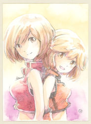 Rule 34 | 2girls, back-to-back, bare shoulders, breasts, brown eyes, brown hair, commentary, crop top, dual persona, epoxy putty, from side, looking at viewer, medium breasts, meiko (vocaloid), multiple girls, open mouth, painting (medium), red shirt, sakine meiko, shirt, signature, smile, traditional media, upper body, vocaloid, watercolor (medium)