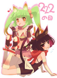 Rule 34 | 2girls, animal ears, arm support, bare shoulders, bike shorts, black hair, brown eyes, cat day, cat ears, cat tail, fang, fingerless gloves, gloves, kawagoe pochi, long hair, looking at viewer, looking back, lying, mikan karatachi, multiple girls, on stomach, open mouth, red eyes, ringo kukunochi, shironeko project, short hair, sketch, smile, tail, thighhighs, twintails