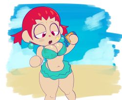 Rule 34 | 1girl, animal crossing, bare shoulders, beach, bikini, bikini skirt, blue bikini, blue sky, blush stickers, border, bottle, breasts, cleavage, cloud, day, earrings, facial tattoo, female focus, flat color, hair tie, half-closed eyes, hands up, hexanne, highleg, highleg bikini, highres, holding, holding bottle, jewelry, jpeg artifacts, large breasts, leaf print, looking down, lotion, navel, nintendo, open mouth, outdoors, outside border, pink eyes, red hair, sand, shiny skin, short hair, sidelocks, simple background, sky, solo, standing, stomach, sunscreen, swimsuit, tattoo, teeth, tongue, twintails, villager (animal crossing), white border
