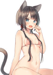Rule 34 | &gt;:o, 1girl, animal ears, bare arms, bare shoulders, bikini, bikini top only, black hair, blue eyes, blunt bangs, blush, bottomless, breasts, cat ears, cat girl, cat tail, collarbone, fang, hair over breasts, hair ribbon, hand up, long hair, looking at viewer, low twintails, midorikawa you, navel, open mouth, original, paw pose, pink bikini, red ribbon, ribbon, simple background, sitting, small breasts, solo, swimsuit, tail, twintails, v-shaped eyebrows, very long hair, white background