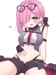 Rule 34 | 1girl, absurdres, ahoge, black shorts, blush, braid, breast strap, breasts, crop top, cropped vest, eyewear on head, fingerless gloves, gloves, green eyes, hair over one eye, heart, heart-shaped eyewear, highleg, highleg panties, highres, himemori luna, himemori luna (streetwear), hololive, jacket, kanami9731, looking at viewer, medium breasts, midriff, navel, necktie, official alternate costume, official alternate hairstyle, open clothes, open mouth, open shorts, panties, panty straps, pink-tinted eyewear, pink hair, pink necktie, short hair, short shorts, shorts, simple background, sitting, sleeveless, smile, solo, tinted eyewear, underwear, vest, virtual youtuber, wing collar