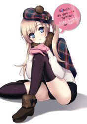 Rule 34 | 1girl, bad id, bad pixiv id, blonde hair, blue eyes, bow, english text, female focus, gloves, hat, hory makoto, long hair, original, panties, plaid, poncho, solo, thighhighs, twintails, underwear, white background
