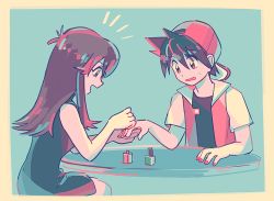Rule 34 | 1boy, 1girl, applying manicure, backwards hat, bare arms, baseball cap, black shirt, border, brown eyes, brown hair, commentary request, creatures (company), dress, eyelashes, game freak, green (pokemon), hat, itome (funori1), jacket, long hair, looking down, nail polish, nintendo, open clothes, open jacket, open mouth, painting nails, pokemon, pokemon adventures, red (pokemon), red headwear, red nails, shirt, short sleeves, sleeveless, sleeveless dress, smile, table