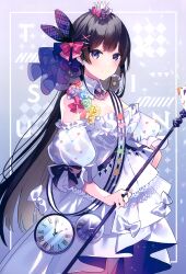 Rule 34 | 1girl, absurdres, bare shoulders, black hair, bow, clock, crescent, crescent earrings, detached sleeves, diamond (shape), dress, earrings, flower, hair bow, hair ornament, hairclip, highres, jewelry, long hair, looking at viewer, nijisanji, purple eyes, saine, scan, sleeveless, smile, solo, tsukino mito, virtual youtuber, wand, white sleeves, x hair ornament