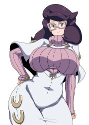 Rule 34 | 1girl, big hair, breasts, buttons, capelet, creatures (company), curvy, game freak, glasses, green eyes, hand on own hip, highres, koutarosu, large breasts, long sleeves, mature female, nintendo, pink-framed eyewear, pink sweater, pokemon, pokemon sm, purple hair, ribbed sweater, skirt, solo, sweater, turtleneck, turtleneck sweater, white background, white capelet, white skirt, wicke (pokemon), wide hips