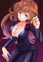 Rule 34 | 1girl, abiko yuuji, arsene lupin iii, biker clothes, bikesuit, bodysuit, breasts, brown eyes, brown hair, center opening, cleavage, closed mouth, commentary, cosmetics, full-length zipper, gem, gradient background, highres, large breasts, lipstick, lipstick tube, long hair, lupin iii, makeup, mine fujiko, no bra, purple background, smile, solo, unzipped, v-shaped eyebrows, wavy hair, zipper