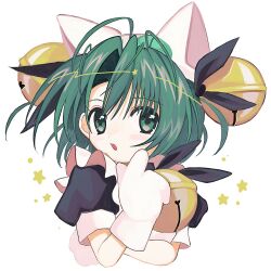 Rule 34 | 1girl, animal ears, animal hands, antenna hair, bell, blush, cat hat ornament, cropped torso, crossed arms, dejiko, di gi charat, fake animal ears, gloves, green eyes, green hair, hand on own chin, hat bell, highres, looking at viewer, neck bell, open mouth, parted bangs, paw gloves, pepeppepe101, short sleeves, smile, solo, star (symbol)
