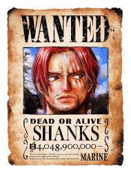 Rule 34 | 1boy, black cape, blue sky, cape, english text, facial hair, highres, looking at viewer, manly, oda eiichirou, official art, one piece, photo (object), promotional art, red hair, scar, scar across eye, scar on face, shanks (one piece), short hair, simple background, sky, solo, title, translation request, upper body, wanted poster
