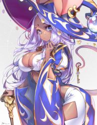 Rule 34 | 1girl, absurdres, blue eyes, blush, breasts, cleavage, commentary request, dark-skinned female, dark skin, facial mark, forehead mark, glasses, hair ornament, hat, highres, hong (white spider), key, large breasts, long hair, looking at viewer, original, simple background, solo, staff, tail, white hair, wide sleeves, witch hat