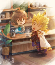 Rule 34 | 2boys, :d, ahoge, apron, armor, blonde hair, brown hair, cafe, cape, chibi, cleaning, closed eyes, coffee, coffee beans, coffee cup, coffee pot, commentary, commentary request, counter, crossed legs, cup, disposable cup, full body, granblue fantasy, hair between eyes, highres, hood, hood down, laughing, light, looking at another, male focus, messy hair, multiple boys, open mouth, parted bangs, plant, potted plant, red eyes, sandalphon (granblue fantasy), sandalphon (server of a sublime brew) (granblue fantasy), seofon (granblue fantasy), shaodw22, shelf, shirt, signature, sink, sitting, sleeves rolled up, smile, solid oval eyes, spiked hair, steam, stool, striped clothes, striped shirt, vertical-striped clothes, vertical-striped shirt