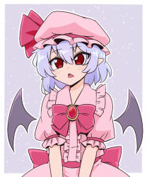 Rule 34 | bat wings, bow, bowtie, center frills, frills, hair between eyes, hat, hat ribbon, mob cap, open mouth, pink hat, pink shirt, pointy ears, purple background, purple hair, red bow, red bowtie, red eyes, red ribbon, remilia scarlet, ribbon, shio (futatsumami), shirt, short hair, short sleeves, simple background, touhou, upper body, wings