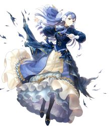 Rule 34 | 1girl, blue dress, blue eyes, blue hair, bow, bowtie, braid, breasts, cape, capelet, dress, earrings, female focus, fire emblem, fire emblem echoes: shadows of valentia, fire emblem heroes, full body, fur trim, hair ornament, highres, jewelry, long hair, long sleeves, matching hair/eyes, medium breasts, nintendo, non-web source, official art, pantyhose, rinea (fire emblem), solo, torn clothes, torn dress, transparent background