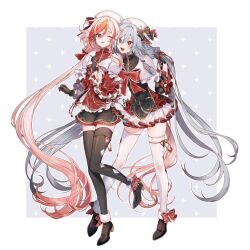 2girls absurdly_long_hair black_bow black_footwear black_gloves black_shirt black_skirt black_thighhighs bow braid bright_pupils capelet chest_bow dress foot_up frilled_bow frills fu_hua fu_hua_(garuda) fu_hua_(herrscher_of_sentience) full_body fur_capelet gloves grey_hair hair_between_eyes hat hat_bow highres honkai_(series) honkai_impact_3rd long_hair mandarin_collar miniskirt multicolored_hair multiple_girls open_mouth pankou red_bow red_eyes red_hair red_shirt shirt side_braid skirt smile streaked_hair takakura_aki thighhighs two-tone_hair very_long_hair white_bow white_hair white_hat white_pupils white_skirt white_thighhighs