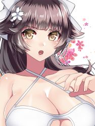Rule 34 | 1girl, 8931ponzu, azur lane, bare shoulders, bikini, black hair, bow, breasts, cleavage, criss-cross halter, flower, hair bow, hair flaps, hair flower, hair ornament, halterneck, large breasts, long hair, one-piece swimsuit, open mouth, outline, ponytail, solo, swimsuit, takao (azur lane), takao (beach rhapsody) (azur lane), upper body, white background, white bikini, white bow, white flower, white outline, yellow eyes
