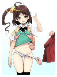 Rule 34 | 1girl, ahoge, arm up, assisted exposure, backpack, bad id, bad pixiv id, bag, blush, bow, breasts, brown hair, disembodied hand, grabber tool, grabbing, grabbing another&#039;s breast, green eyes, hair bobbles, hair ornament, kouno (masao), multigrope, multiple hands, navel, open mouth, panties, panty pull, randoseru, school uniform, side ponytail, simple background, skirt, small breasts, solo focus, thighhighs, underwear, white panties