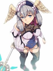 Rule 34 | 1girl, blue eyes, blue hairband, blue headwear, braid, breasts, crown braid, curly hair, dress, from above, grey hair, hairband, head wings, juliet sleeves, long hair, long sleeves, looking at viewer, medium breasts, melia antiqua, o-ring, puffy sleeves, short dress, simple background, smile, solo, staff, thighhighs, white background, wings, xenoblade chronicles: future connected, xenoblade chronicles (series), xenoblade chronicles 1, yamamori kinako