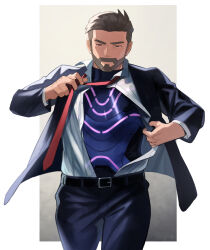 Rule 34 | 1boy, adjusting clothes, adjusting necktie, alternate costume, beard, belt, black jacket, bodysuit, bodysuit under clothes, border, brown eyes, brown hair, buttons, collared shirt, commentary request, cowboy shot, creatures (company), facial hair, game freak, half-closed eye, hand up, highres, jacket, looking down, male focus, necktie, nintendo, open clothes, open shirt, pants, pokemon, pokemon sv, saida (ohda ooda), shirt, short hair, solo, turo (pokemon), white border