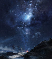 Rule 34 | 2boys, androgynous, back, blue theme, cloud, commentary request, fire, fog, from behind, hat, highres, iy tujiki, milky way, mountain, multiple boys, night, night sky, original, outdoors, scenery, sitting, sky, star (sky), starry sky, sun, sunrise