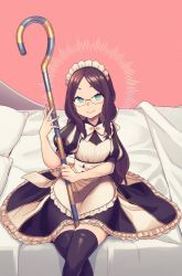 Rule 34 | 1girl, between legs, black thighhighs, blue eyes, brown hair, crossed legs, dress, fate/grand order, fate (series), glasses, holding, holding staff, leonardo da vinci (fate), leonardo da vinci (fate/grand order), leonardo da vinci (rider) (fate), leonardo da vinci (rider) (second ascension) (fate), long hair, looking at viewer, maid headdress, parted bangs, puffy sleeves, sitting, smile, solo, staff, thighhighs, yoshiragi