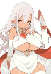 Rule 34 | 1girl, :o, bad id, bad pixiv id, bare shoulders, breasts, bridal gauntlets, cleavage, dark-skinned female, dark skin, earrings, fang, garter straps, jewelry, jpeg artifacts, k (li), large breasts, long hair, looking at viewer, open mouth, orange eyes, original, pointy ears, silver hair, simple background, sitting, sketch, solo, thighhighs, underboob, white background, white thighhighs