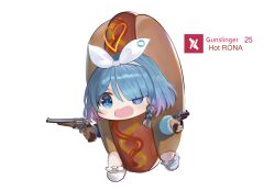 Rule 34 | 1girl, arona (blue archive), blue archive, blue eyes, blue hair, blue shirt, braid, chibi, commentary request, dokomon, dual wielding, full body, gun, hair over one eye, hair ribbon, hairband, handgun, heart, heart halo, highres, holding, holding gun, holding weapon, hot dog costume, korean commentary, long sleeves, multicolored hair, parody request, pink hair, puffy long sleeves, puffy sleeves, revolver, ribbon, shirt, shoes, simple background, single braid, solo, thick eyebrows, two-tone hair, weapon, white background, white footwear, white hairband, white ribbon