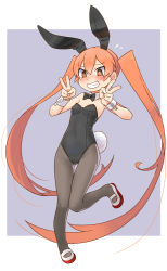 Rule 34 | 1girl, animal ears, bare shoulders, black leotard, black pantyhose, blush, bow, bowtie, detached collar, double v, fake animal ears, full body, gluteal fold, grin, hair between eyes, katahira masashi, leotard, long hair, looking at viewer, orange eyes, orange hair, pantyhose, playboy bunny, rabbit ears, rabbit tail, shoes, simple background, smile, solo, strapless, strapless leotard, tail, twintails, ueno-san wa bukiyou, ueno (ueno-san wa bukiyou), uwabaki, v, very long hair, wrist cuffs